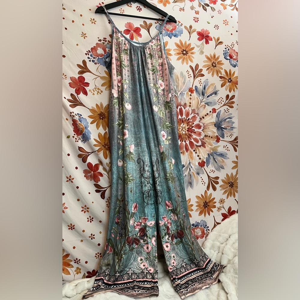 Art Deco Women’s L Floral Blue Pink Printed Stretchy Wide Leg Spring Jumpsuit